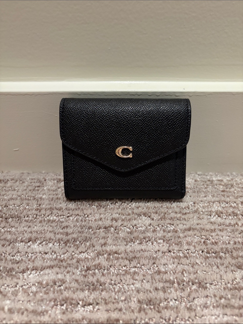 Coach Black Textured Mini Envelope Wallet with Gold C Logo